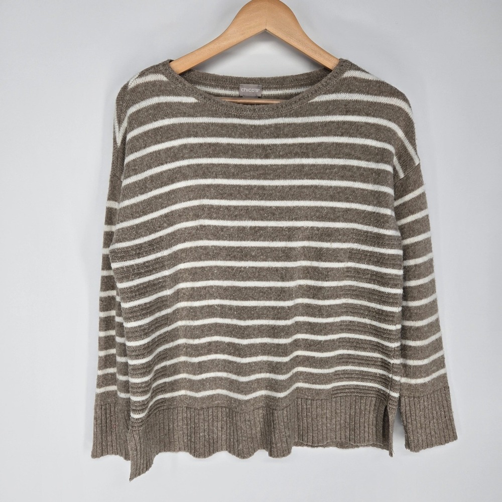 Chico's Sweater Womens 0 Taupe White Striped Knit Crew Neck Long Sleeve Pullover